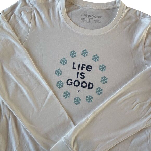 Life is Good Size L Long Sleeve Crew Neck Shirt Top White Snowflake Print Cotton - Picture 1 of 9